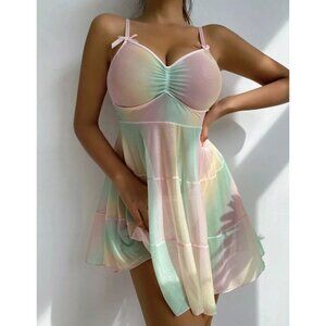 Ombre Sheer Mesh Bow Ruched Cut Out Slips & Thong